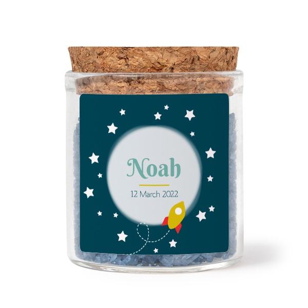 Glass jars with square stickers and blue bath salt - set of 12