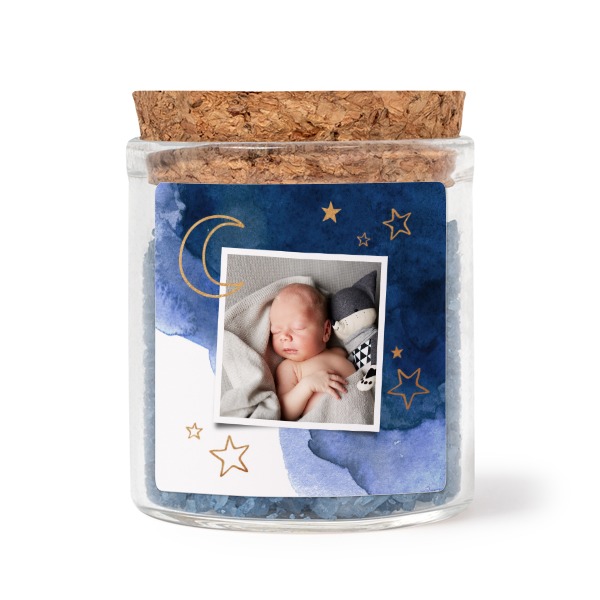 Glass jars with square stickers and blue bath salt - set of 12