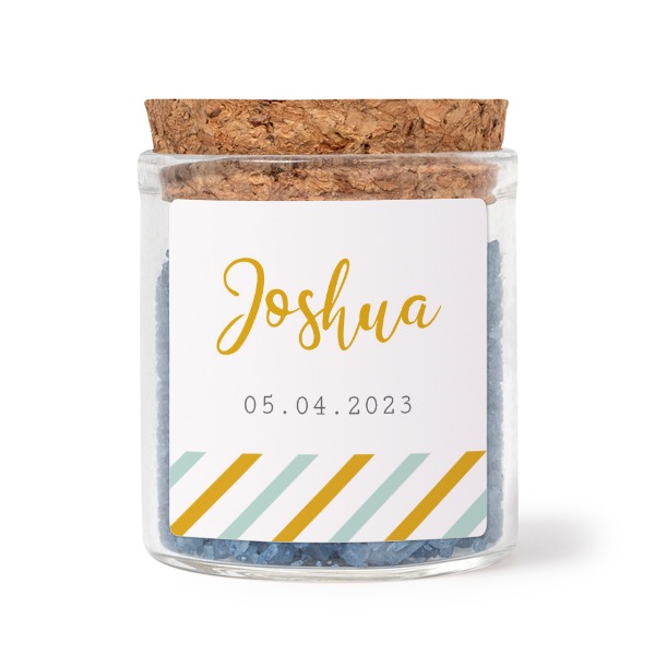 Glasskrukker med kvadratiske klistremerker og blått badesalt - 12 stk