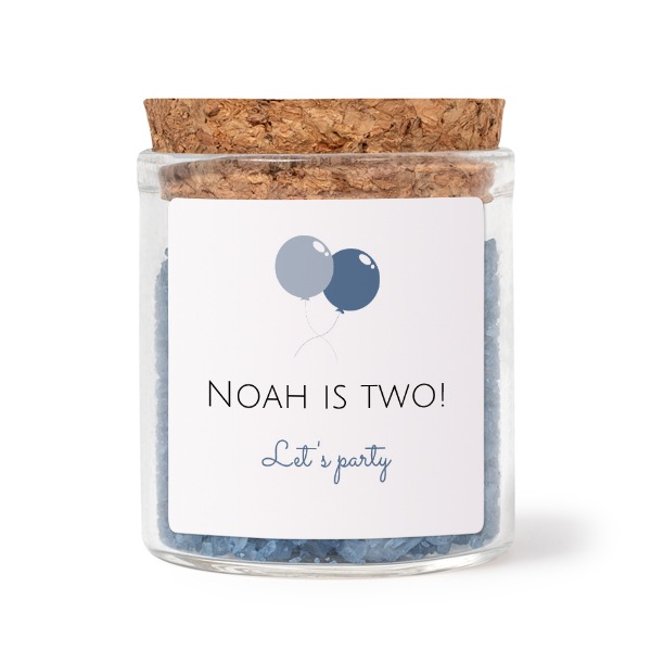 Glass jars with square stickers and blue bath salt - set of 12