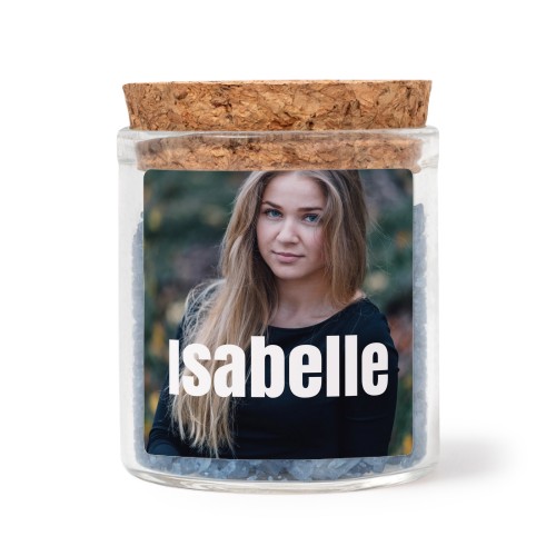 Glass jars with square stickers and blue bath salt - set of 12