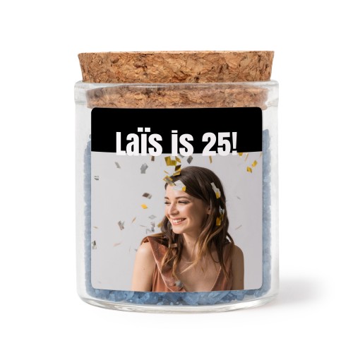 Mini-Glas mit quadratischem Sticker u. blauem Badesalz - 12 Stk.