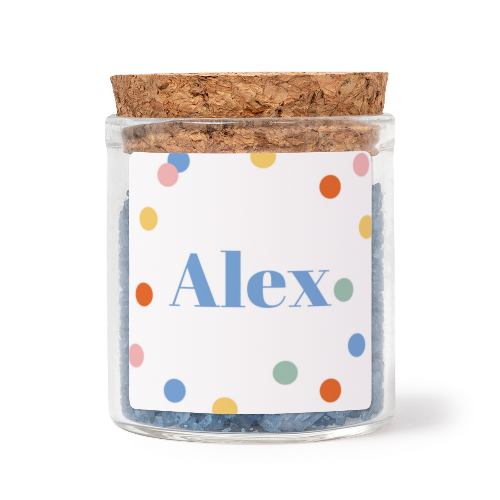 Glass jars with square stickers and blue bath salt - set of 12 Glass jars with square stickers and blue bath salt - set of 12