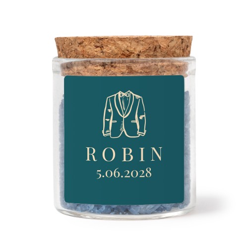 Glass jars with square stickers and blue bath salt - set of 12