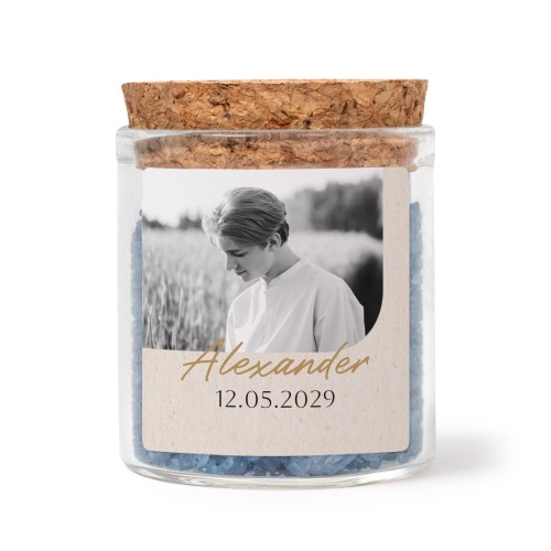 Glass jars with square stickers and blue bath salt - set of 12