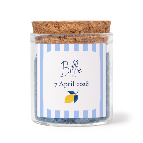 Mini-Glas mit quadratischem Sticker u. blauem Badesalz - 12 Stk.