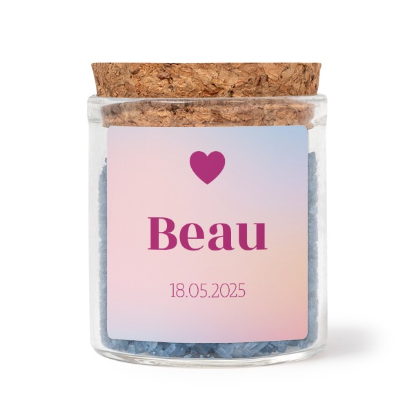 Glass jars with square stickers and blue bath salt - set of 12