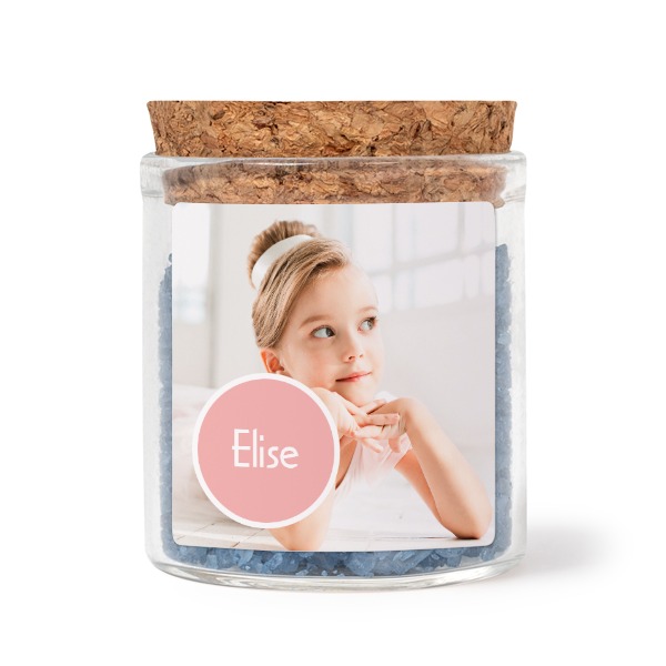 Glass jars with square stickers and blue bath salt - set of 12