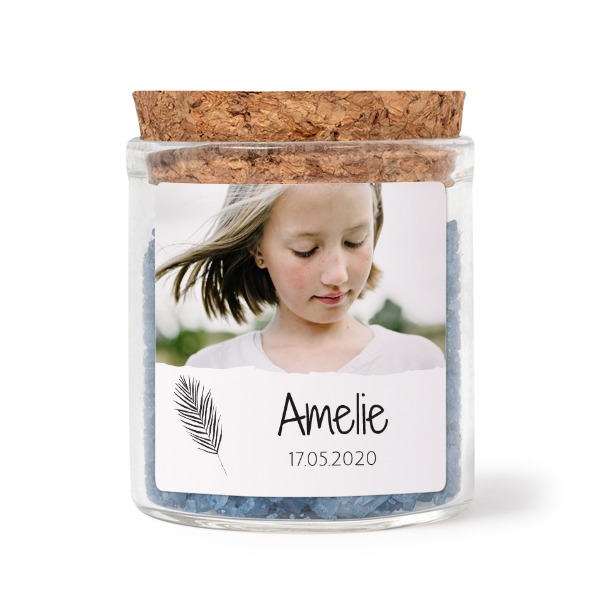 Mini bocal avec stickers carrés et sel de bain bleu (lot de 12)