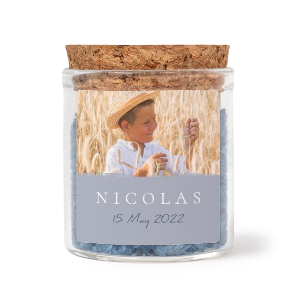 Glass jars with square stickers and blue bath salt - set of 12