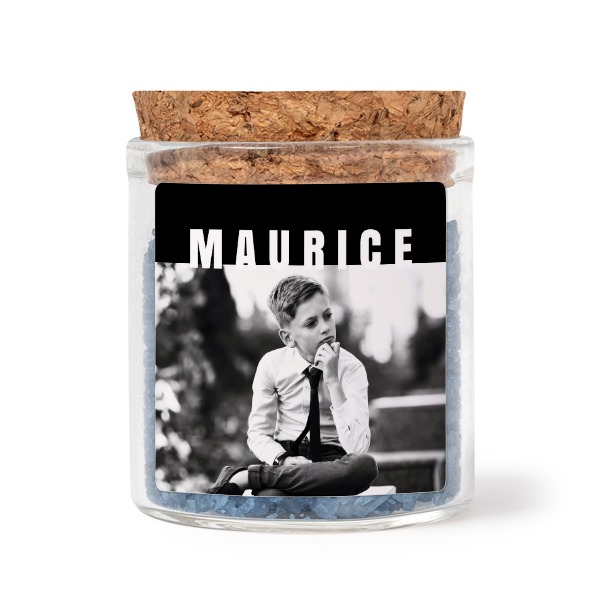 Glass jars with square stickers and blue bath salt - set of 12