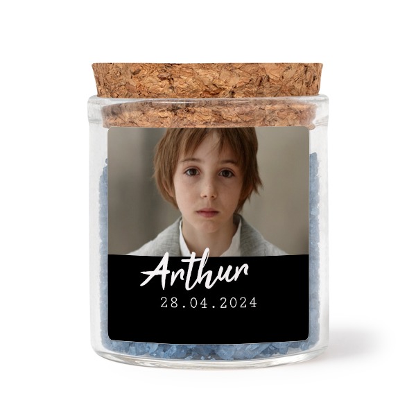 Mini bocal avec stickers carrés et sel de bain bleu (lot de 12) Mini bocal avec stickers carrés et sel de bain bleu (lot de 12)
