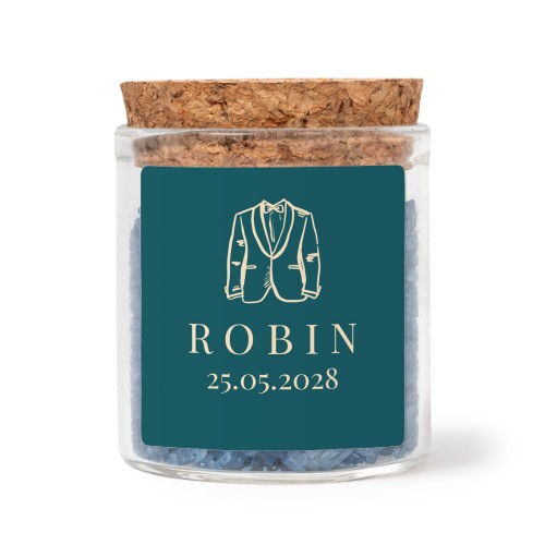 Glaskrukker med kvadratiske klistermærker og blåt badesalt - 12 stk Glaskrukker med kvadratiske klistermærker og blåt badesalt - 12 stk