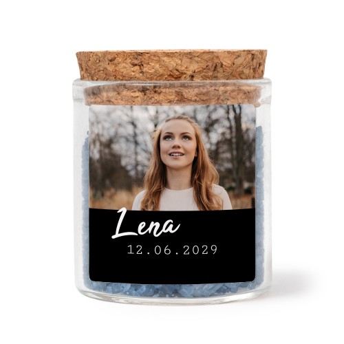 Glaskrukker med kvadratiske klistermærker og blåt badesalt - 12 stk