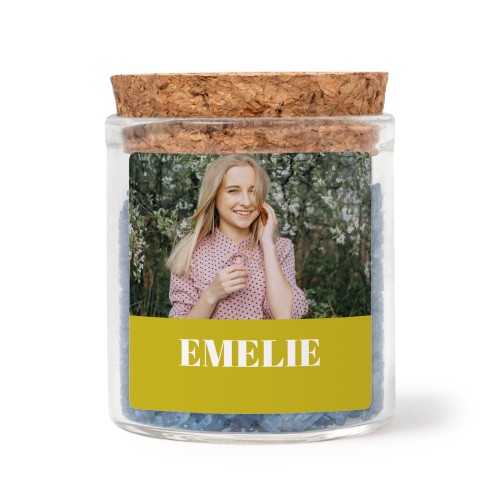 Glasskrukker med kvadratiske klistremerker og blått badesalt - 12 stk