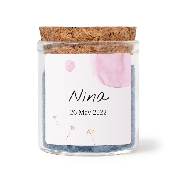 Glass jars with square stickers and blue bath salt - set of 12