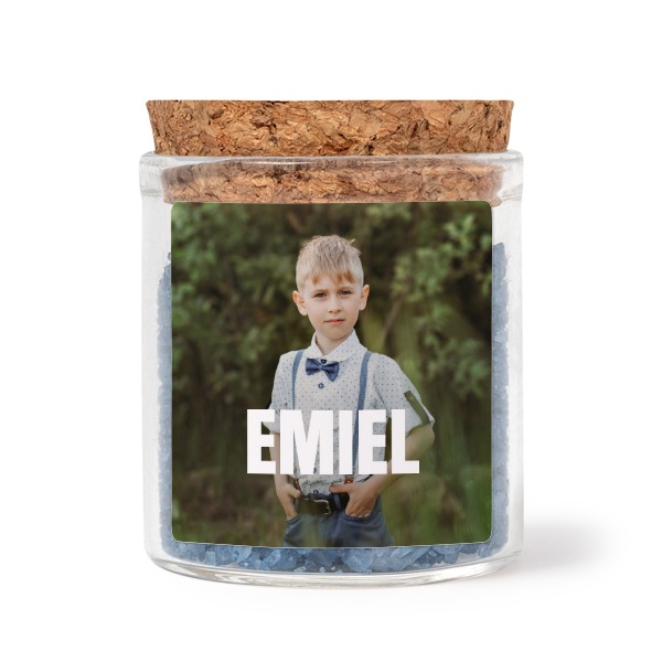 Mini bocal avec stickers carrés et sel de bain bleu (lot de 12)
