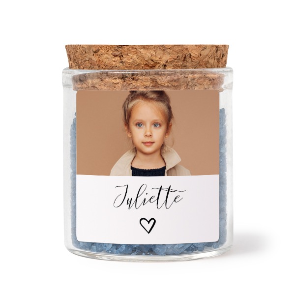 Glass jars with square stickers and blue bath salt - set of 12