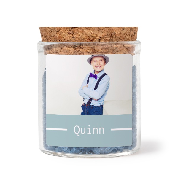 Glasskrukker med kvadratiske klistremerker og blått badesalt - 12 stk Glasskrukker med kvadratiske klistremerker og blått badesalt - 12 stk