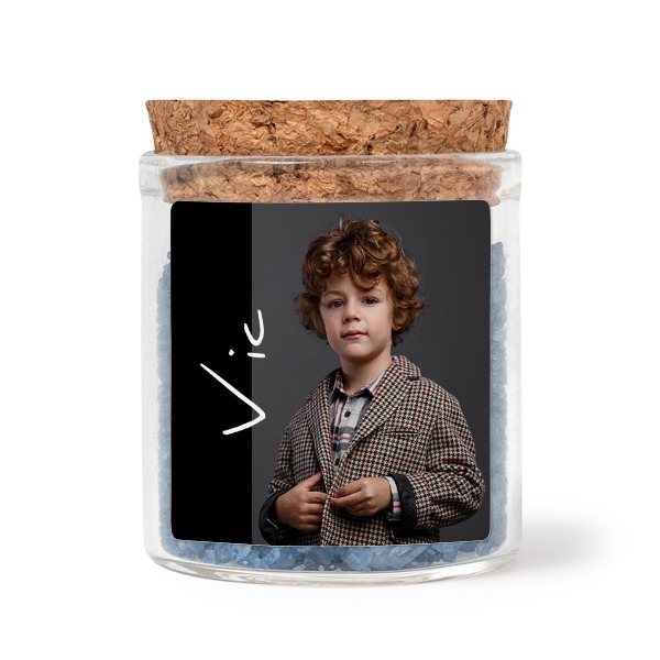 Glass jars with square stickers and blue bath salt - set of 12