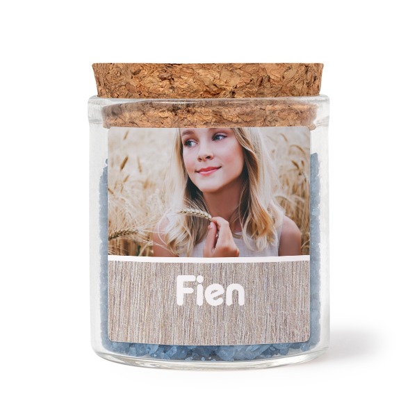 Glass jars with square stickers and blue bath salt - set of 12 Glass jars with square stickers and blue bath salt - set of 12