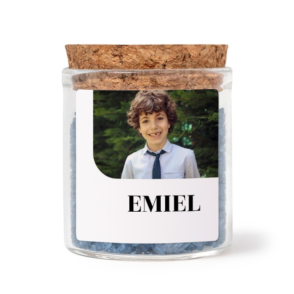 Mini bocal avec stickers carrés et sel de bain bleu (lot de 12) Mini bocal avec stickers carrés et sel de bain bleu (lot de 12)