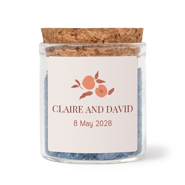 Glass jars with square stickers and blue bath salt - set of 12