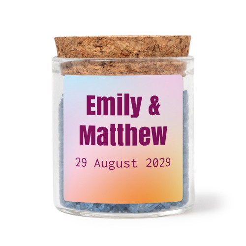 Glass jars with square stickers and blue bath salt - set of 12