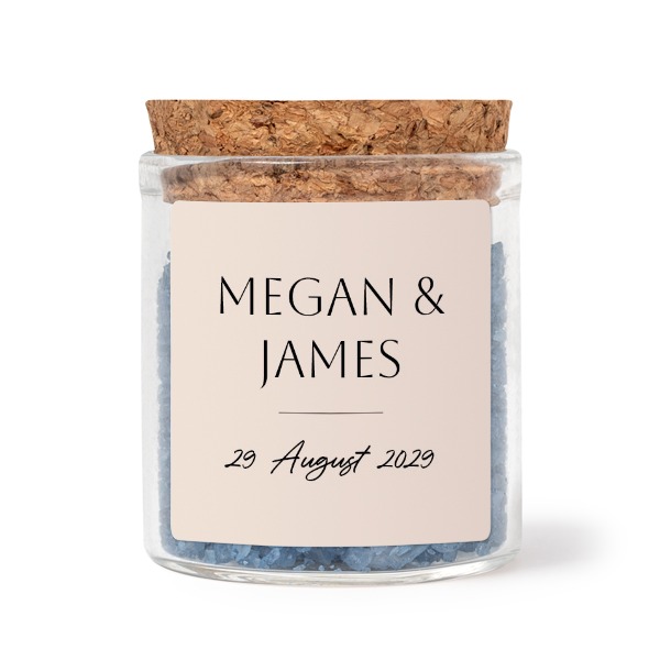 Glass jars with square stickers and blue bath salt - set of 12