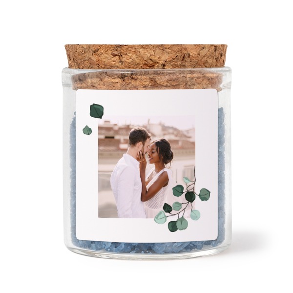 Glass jars with square stickers and blue bath salt - set of 12