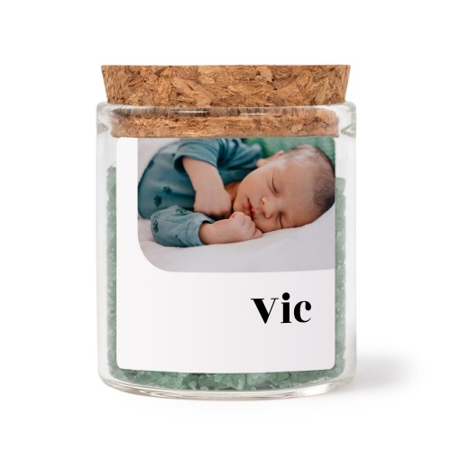 Glass jars with square stickers and green bath salt - set of 12