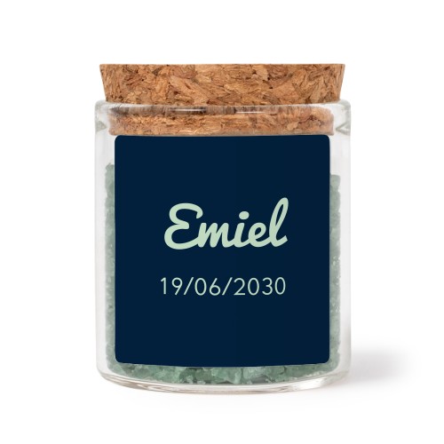 Glass jars with square stickers and green bath salt - set of 12