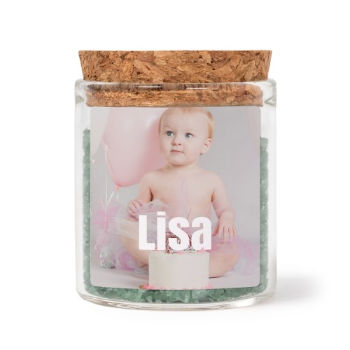 Glass jars with square stickers and green bath salt - set of 12