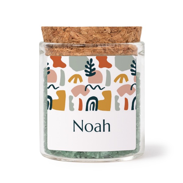 Glass jars with square stickers and green bath salt - set of 12 Glass jars with square stickers and green bath salt - set of 12