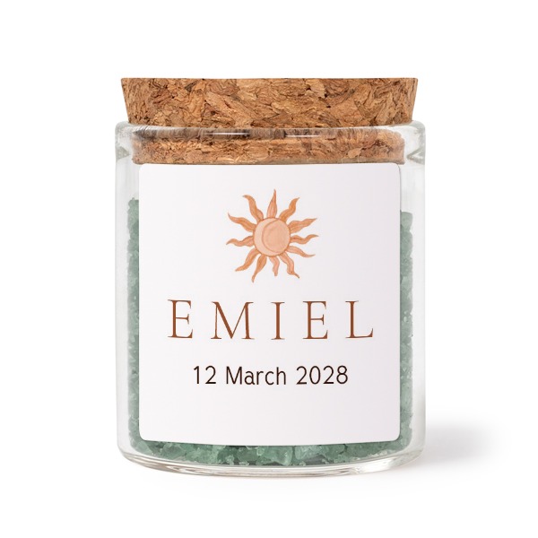 Glass jars with square stickers and green bath salt - set of 12 Glass jars with square stickers and green bath salt - set of 12