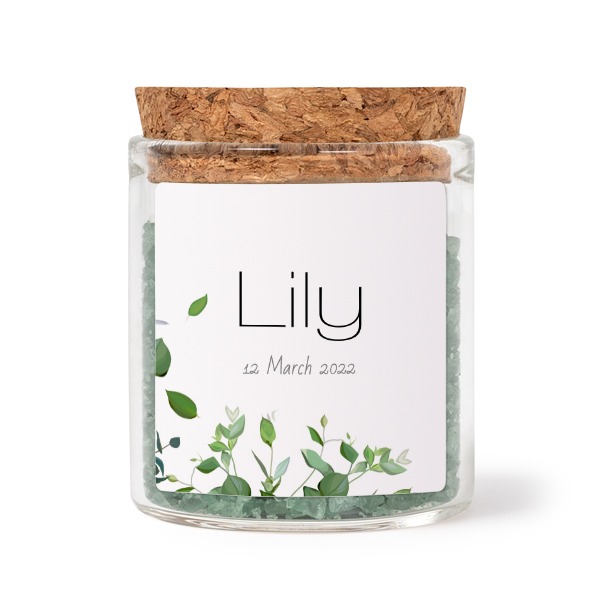 Glasburkar med fyrkantiga klistermärken och grönt badsalt - 12 st