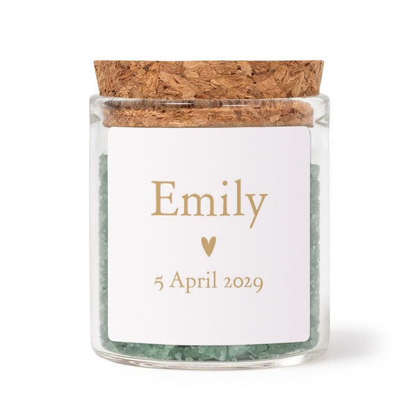 Glass jars with square stickers and green bath salt - set of 12