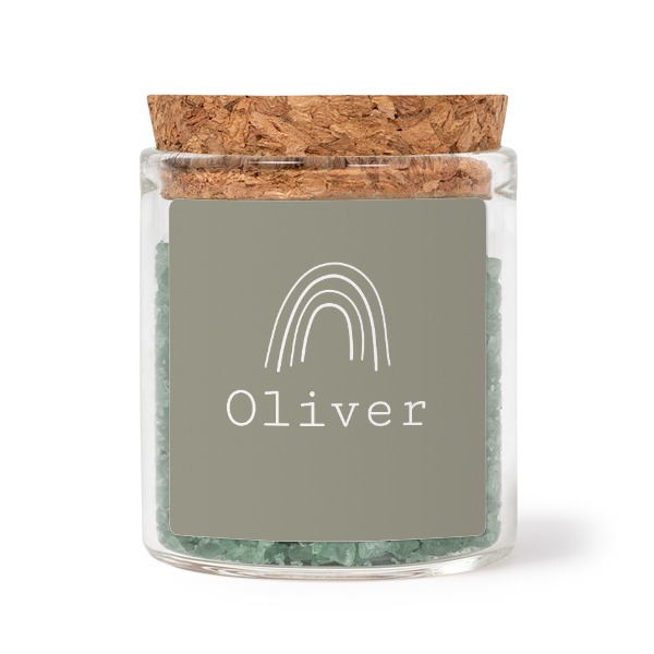 Glass jars with square stickers and green bath salt - set of 12