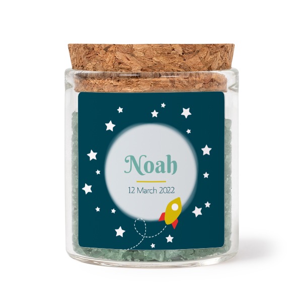 Glass jars with square stickers and green bath salt - set of 12