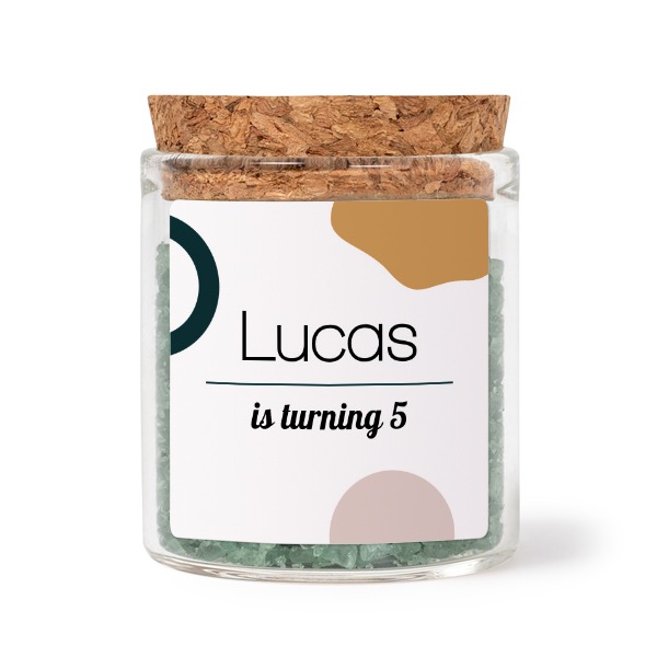 Glass jars with square stickers and green bath salt - set of 12