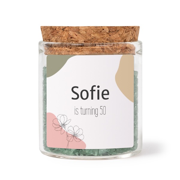 Glazen potjes met vierkante stickers en groen badzout (set van 12)