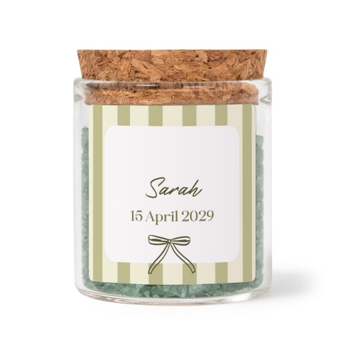 Glass jars with square stickers and green bath salt - set of 12