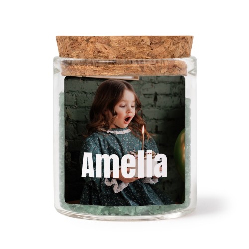 Glass jars with square stickers and green bath salt - set of 12