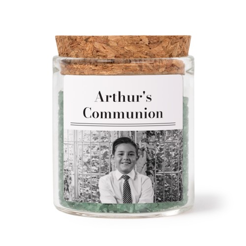 Glass jars with square stickers and green bath salt - set of 12