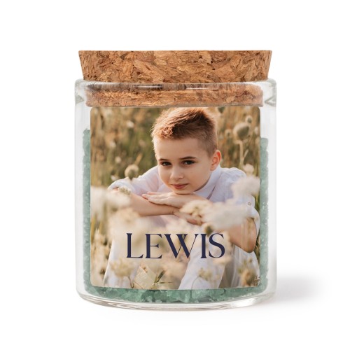 Glass jars with square stickers and green bath salt - set of 12