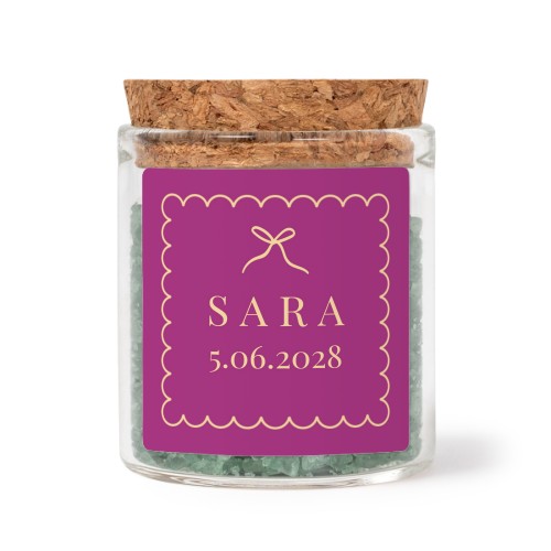 Glass jars with square stickers and green bath salt - set of 12