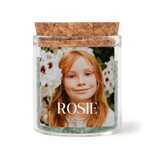 Glass jars with square stickers and green bath salt - set of 12