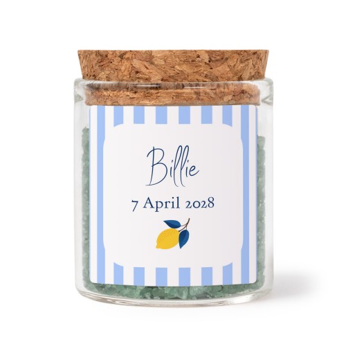 Glass jars with square stickers and green bath salt - set of 12