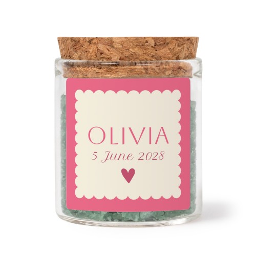 Glass jars with square stickers and green bath salt - set of 12