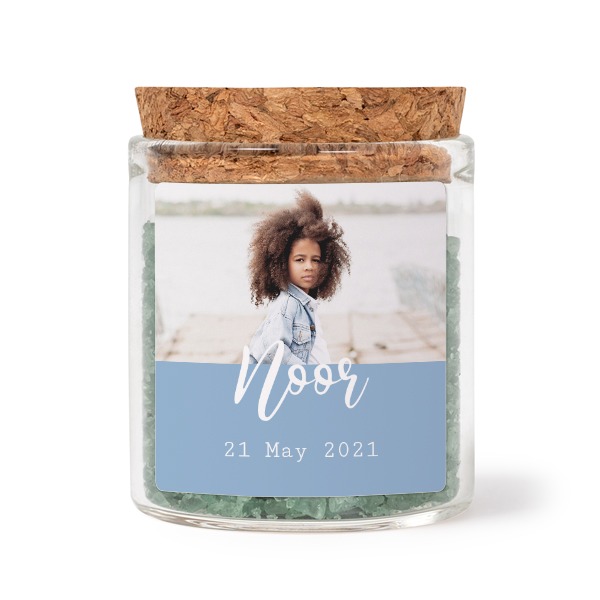 Glass jars with square stickers and green bath salt - set of 12